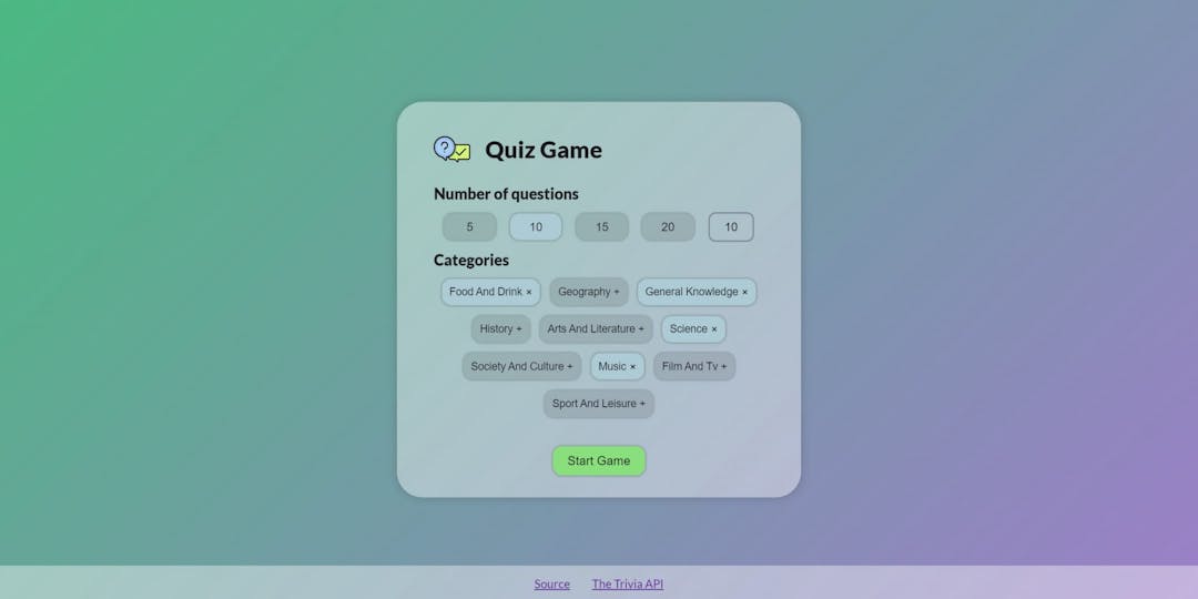 Quiz Game configuration menu, where the number of questions and categories are selected