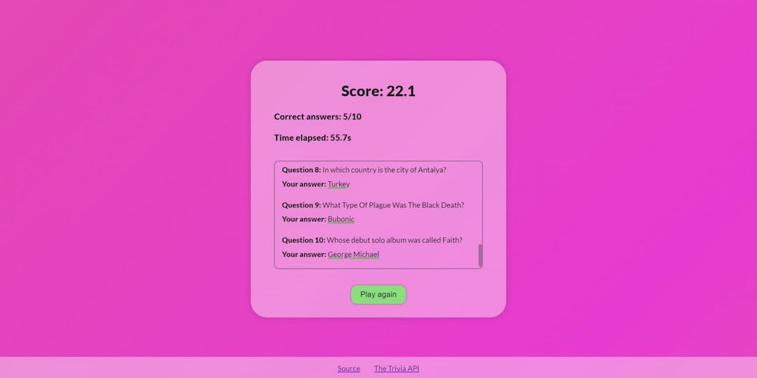 Game score menu where the correct answers and the elapsed time are observed